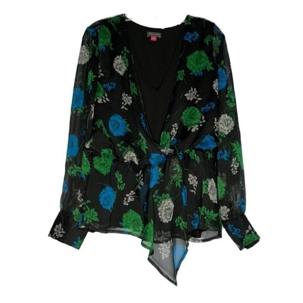 NWOT Vince Camuto Black Floral Sheer Wrap Top US M
